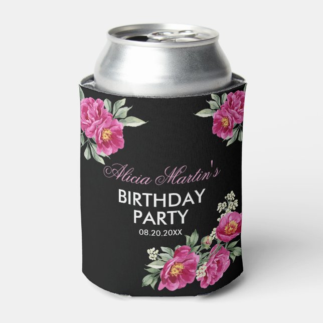 Red Violet Peony Floral Greenery Black Birthday  Can Cooler (Can Front)