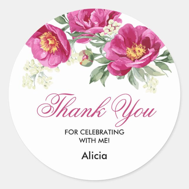 Red Violet Peony Floral Greenery Thank You Sticker (Front)