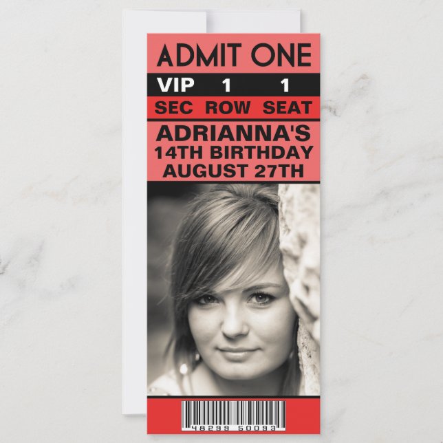Red VIP Photo Ticket Birthday Party Invitation (Front)