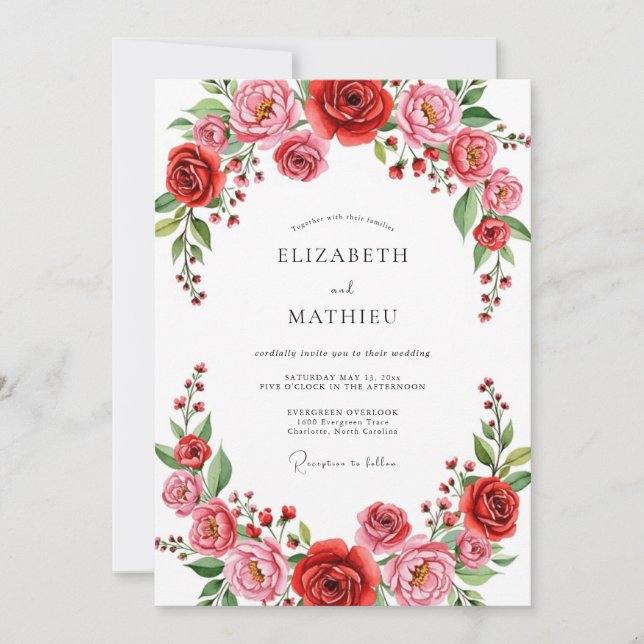 Red Vivid Floral Wedding Invitation (Front)