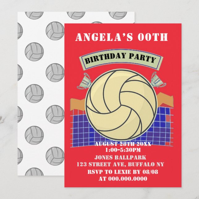 Red Volleyball Birthday Party Invites (Front/Back)