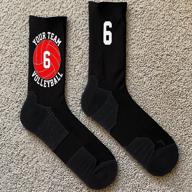 Red Volleyball Custom Team Name & Player Number Socks (Personalized volleyball socks for volleyball players and teams with red team colors.)