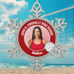Red Volleyball Player Photo High School Snowflake Pewter Christmas Ornament<br><div class="desc">This cool customized high school volleyball player photo gift features white typography of your team and player name on a snowflake Christmas ornament with a ball on a red background. Personalize with your student's photograph and class year for a commemorative keepsake present.</div>