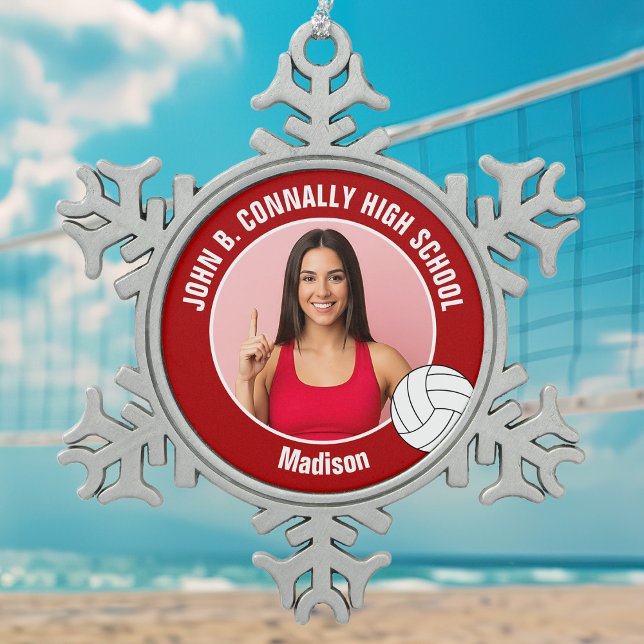 Red Volleyball Player Photo High School Snowflake Pewter Christmas Ornament (Creator Uploaded)