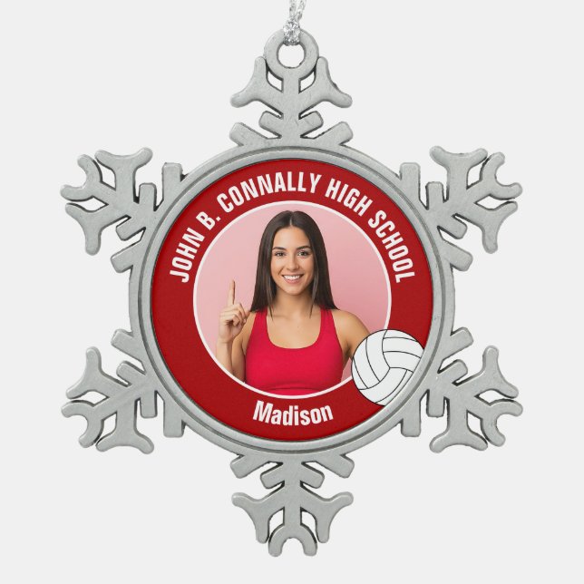 Red Volleyball Player Photo High School Snowflake Pewter Christmas Ornament (Front)