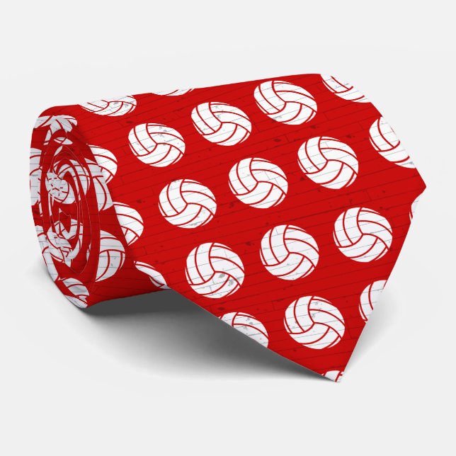 Red Volleyball Wood Floor Patterned Tie (Rolled)