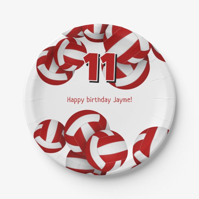 red volleyballs girls boys birthday party paper plate (Front)