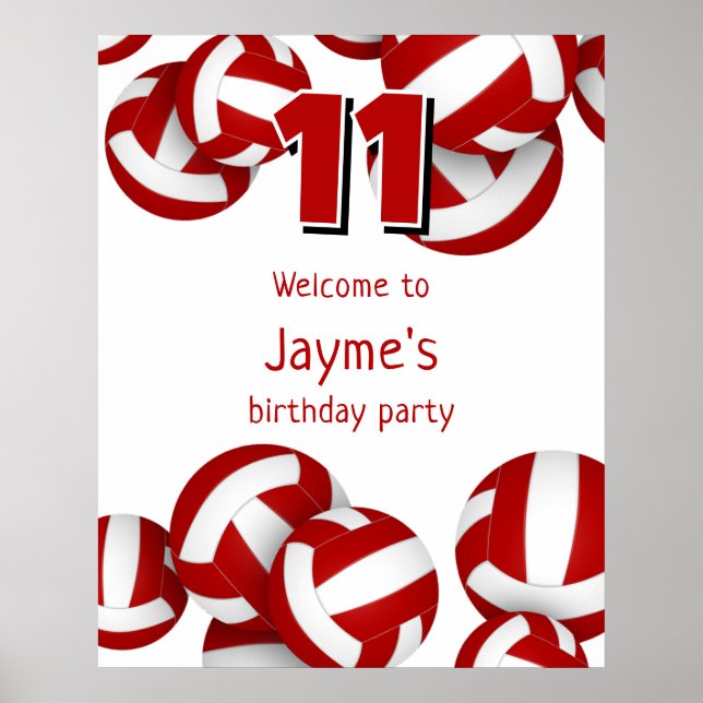 red volleyballs kids birthday party welcome poster (Front)