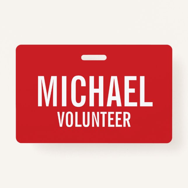 Red Volunteer Badge with Custom Name ID Badge (Front)