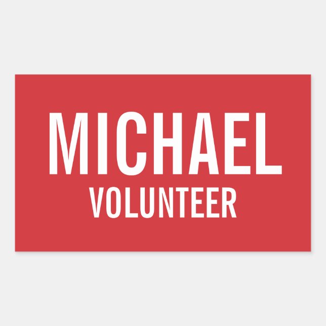 Red Volunteer Badge with Custom Name Rectangular Sticker (Front)