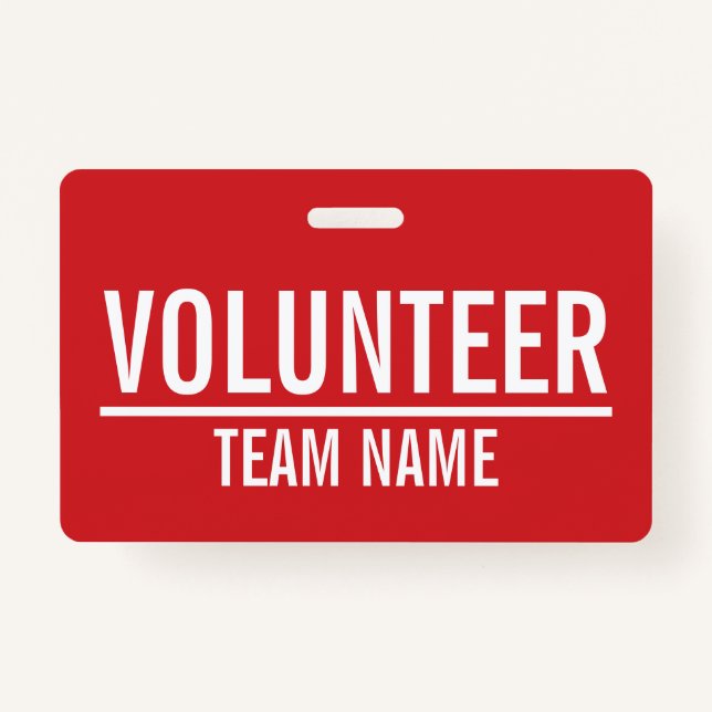 Red Volunteer Badge with Custom Team Name ID Badge (Front)