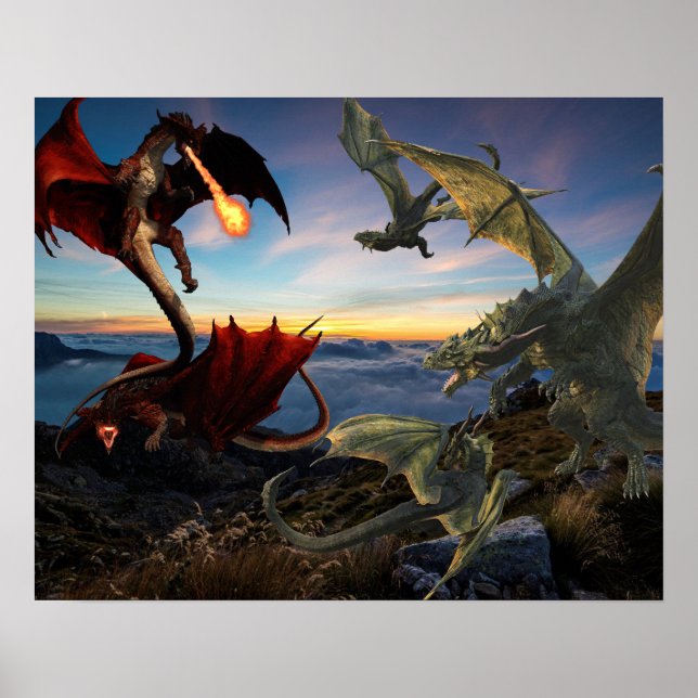 Red vs Green Dragons Battle Fantasy Fight Poster (Front)