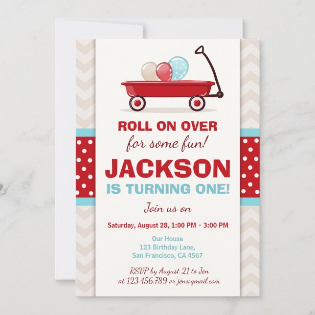 Red Wagon Birthday Invitation Litte Red Wagon Blue (Front)