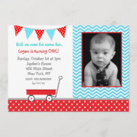 Red Wagon Photo Birthday Party Invitations