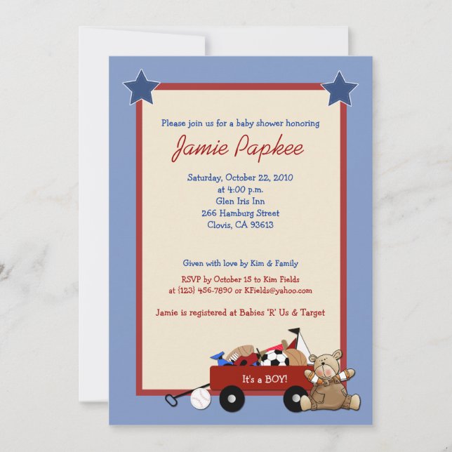 Red Wagon Teddy Bear 5x7 Sports Baby Shower Invitation (Front)
