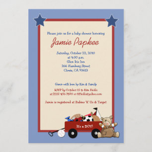 Red Wagon Teddy Bear 5x7 Sports Baby Shower Invitation