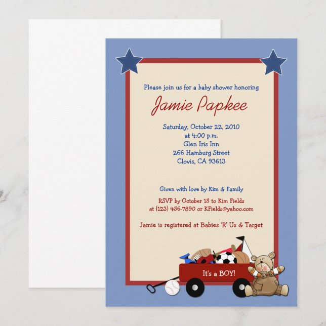 Red Wagon Teddy Bear Sports Boy Baby Shower Invitation (Front/Back)