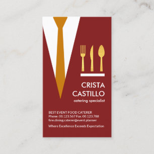Red Waiter Suit Tie Gold Cutlery Caterer Business Card