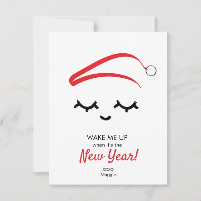 Red Wake me up New Year Eye lashes funny Christmas Holiday Card (Front)
