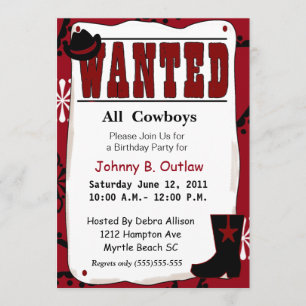 Red  Wanted Poster Birthday Invitation