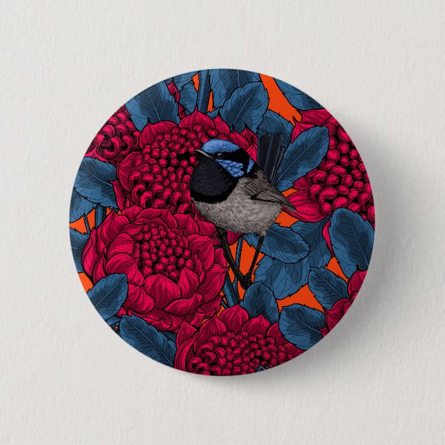 Red waratah and fairy wrens 6 cm round badge (Front)