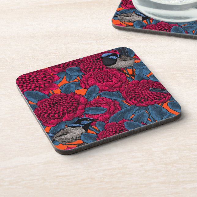 Red waratah and fairy wrens coaster (Left Side)