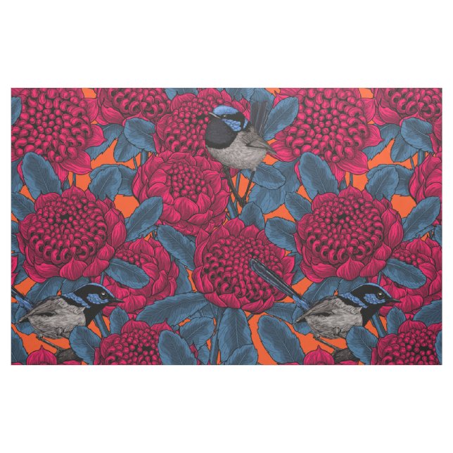 Red waratah and fairy wrens fabric (Fat Quarter)
