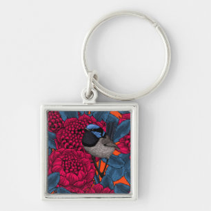 Red waratah and fairy wrens key ring