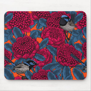 Red waratah and fairy wrens mouse mat