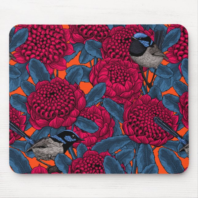 Red waratah and fairy wrens mouse mat (Front)