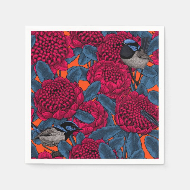 Red waratah and fairy wrens napkin (Front)