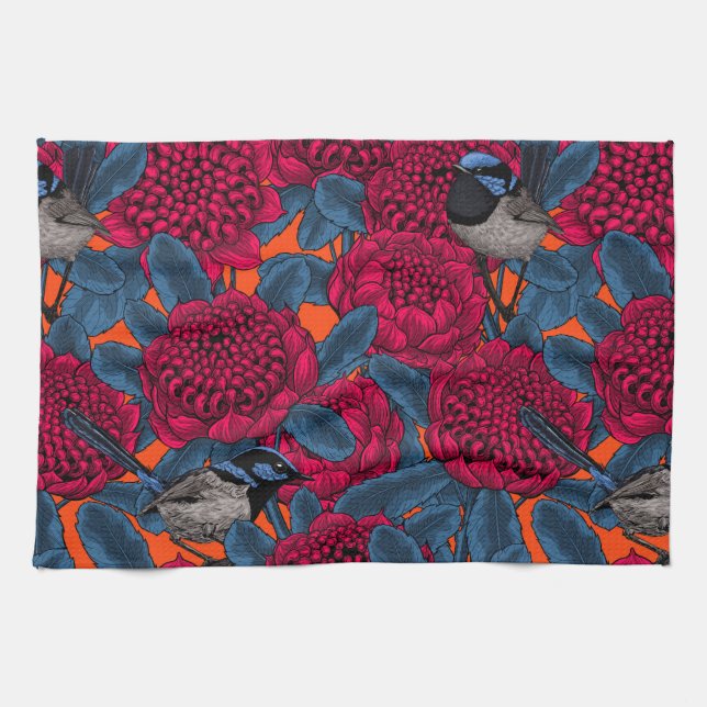 Red waratah and fairy wrens tea towel (Horizontal)
