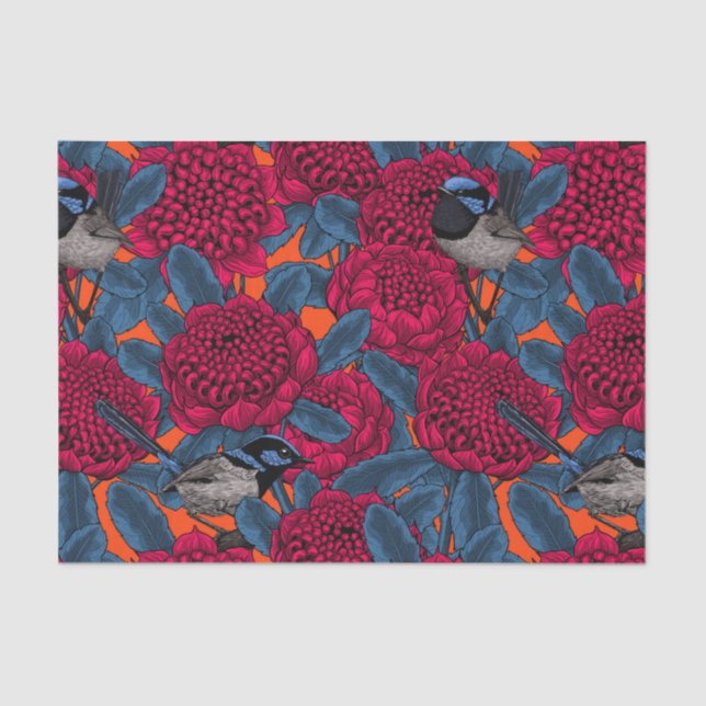 Red waratah and fairy wrens tissue paper (Front)