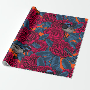 Red waratah and fairy wrens wrapping paper