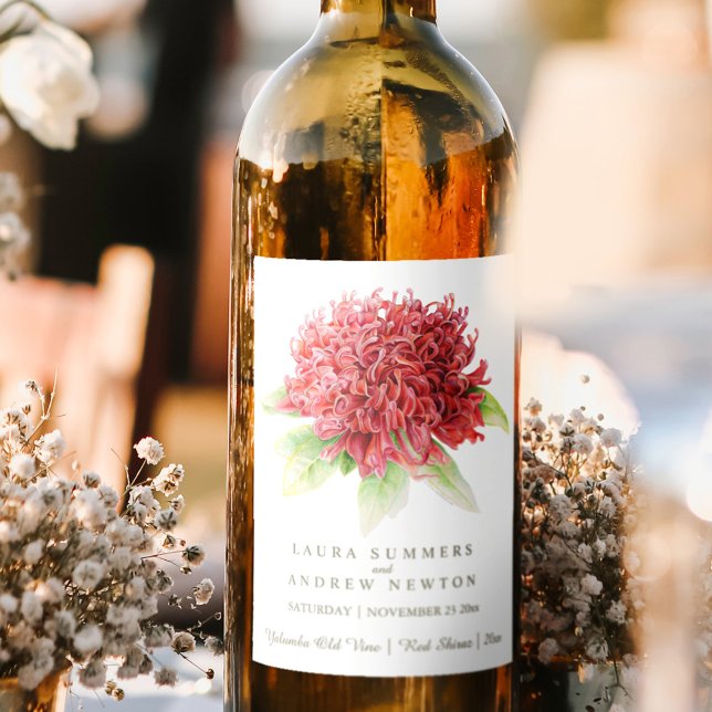 Red waratah botanica wedding custom wine labels (Creator Uploaded)