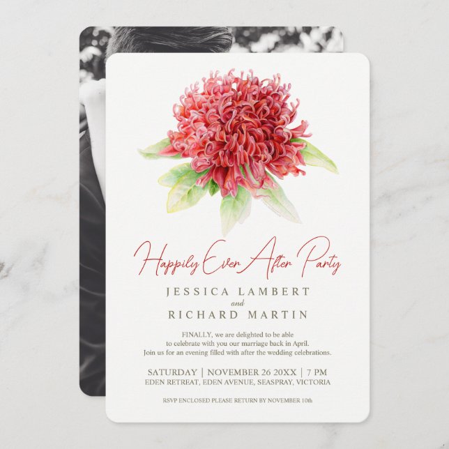 Red waratah flower art after the wedding party invitation (Front/Back)