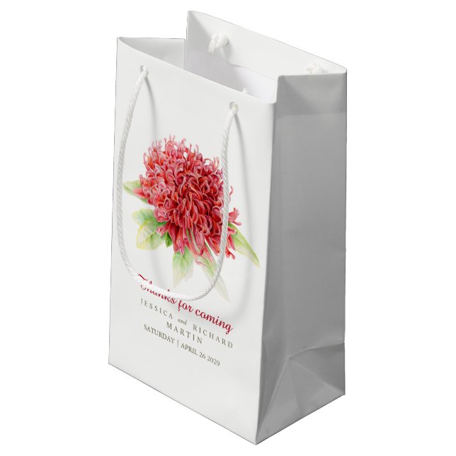 Red waratah flower art thank you custom gift bag (Back Angled)