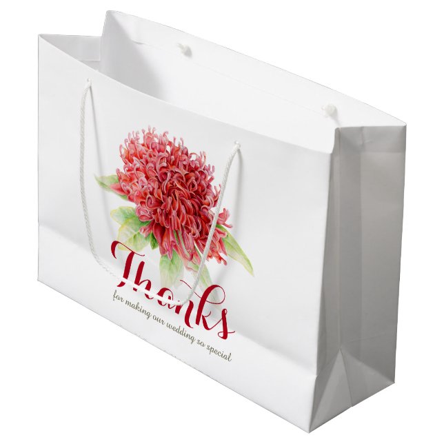 Red waratah flower art thank you wedding bags (Front Angled)