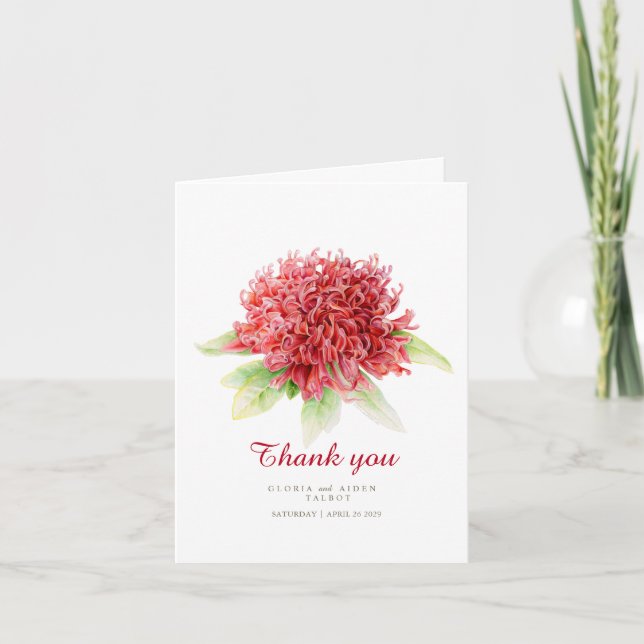 Red waratah flower art wedding thank you (Front)