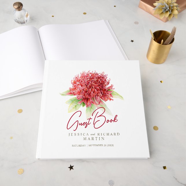 Red waratah flower watercolor red white wedding guest book (Front Open)