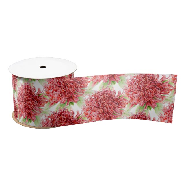 Red waratah green white floral art ribbon satin ribbon (Spool)