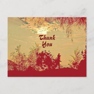 Red Warm Sunset Scenery Trees Thank You Postcard