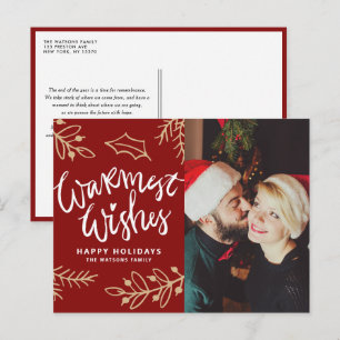 Red Warmest Wishes Calligraphy Holiday Photo Postcard