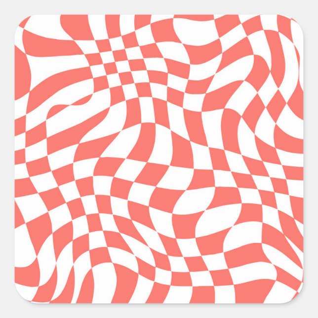 Red Warped Wavy Chequered Art Pattern Square Sticker (Front)
