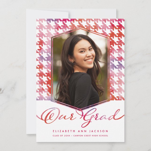 Red Wash Watercolor Houndstooth Photo Graduation Announcement (Front)