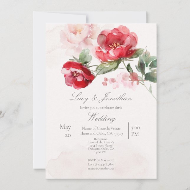 Red water coloured flower Wedding Invitation (Front)
