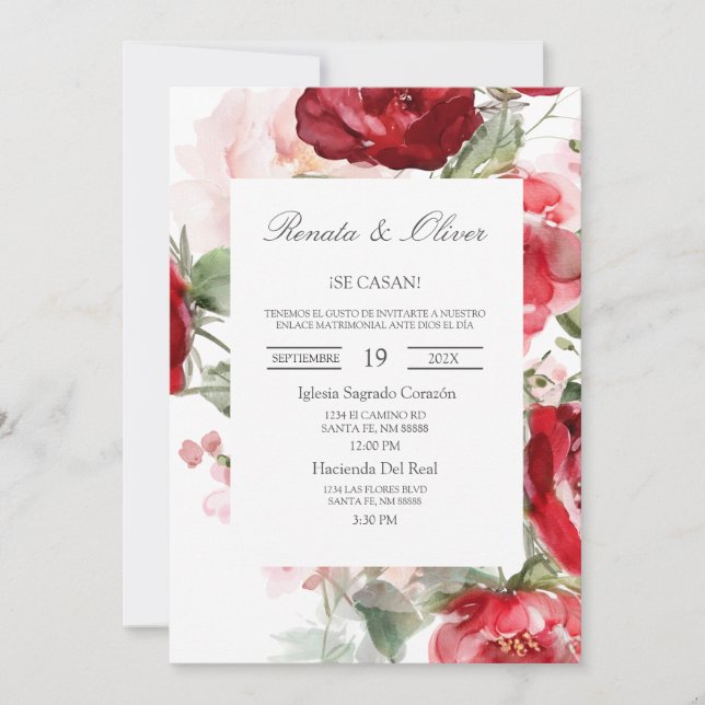 Red water coloured rose Spanish Wedding Invitation (Front)