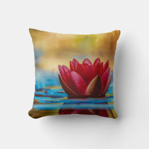 Red Water Lily Reflections on Gold Cushion