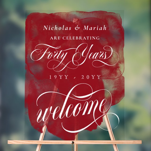 Red Watercolor 40th Wedding Anniversary Welcome Acrylic Sign (Neutral)