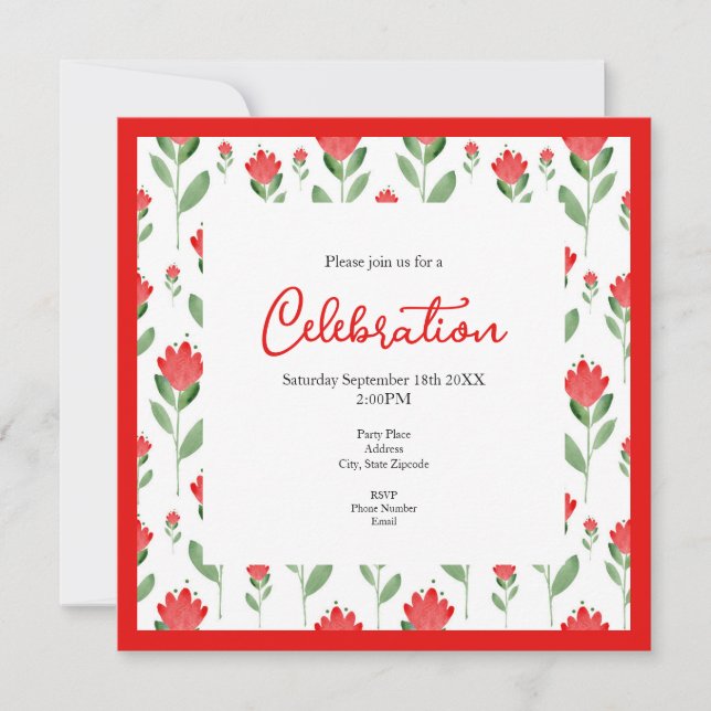 Red Watercolor Abstract Flower Pattern Invitation (Front)